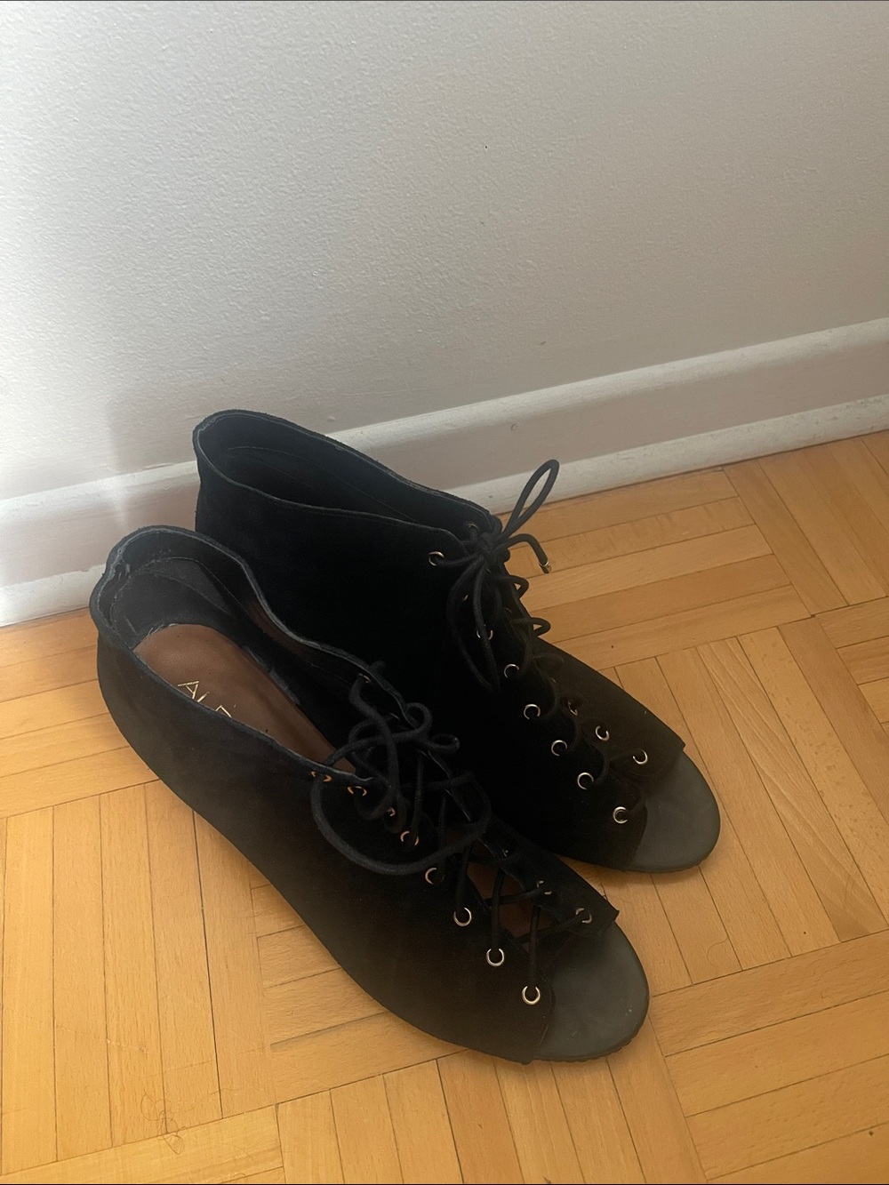 Lace-Up Peep Toe Ankle Booties - Black